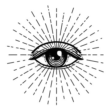 Blackwork tattoo flash. Eye of Providence. Masonic symbol. All seeing eye inside triangle pyramid. New World Order. Sacred geometry, religion, spirituality, occultism. Isolated vector illustration.