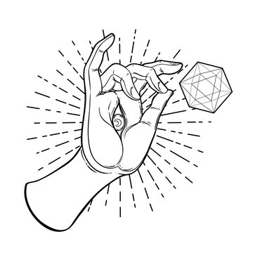 Lord Buddha's hand with eye holding Lotus flower. Isolated vector illustration of Mudra. Hindu motifs. Tattoo, yoga, spirituality, textiles. Sketchy style, hand drawn. Vintage drawing.