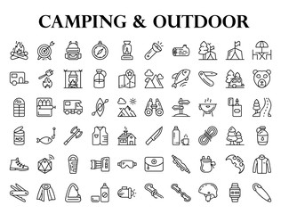 Naklejka premium Camping and Outdoor Equipment Set of 60 Icons, Extreme Sports and Expedition Gears Vectors, Climbers and Hiking Gadgets Illustration, Backpacker and Tourist Symbols on White background