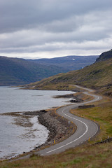 Scenic landscape with beautiful road, fjord and coastline from Iceland Westfjord