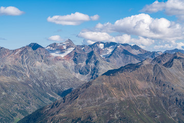 Mountains and peaks landscape covered with glaciers and snow, natural environment. Hiking in the Gaislach. Ski resort in Tirol alps, Austria, Europe