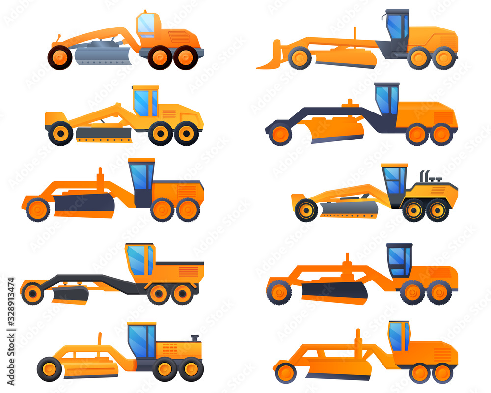 Poster grader machine icons set. cartoon set of grader machine vector icons for web design