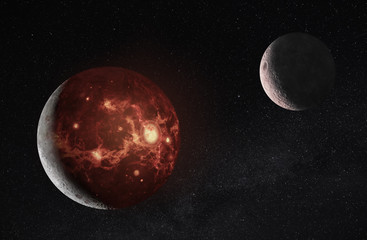 3D illustration of Molten planet and moon