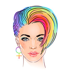 Portrait of a young pretty woman with short pixie haircut. Rainbow colored hair. LGBT concept. Vector illustration isolated on white. Hand drawn art of a modern girl.