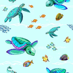 Foto auf Acrylglas Zeichnung Meeresschildkröten tanzen Oceanlife Vektor nahtlose Wiederholungsmuster