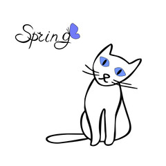 Cat and lettering spring, black and white, minimalism, hand drawing