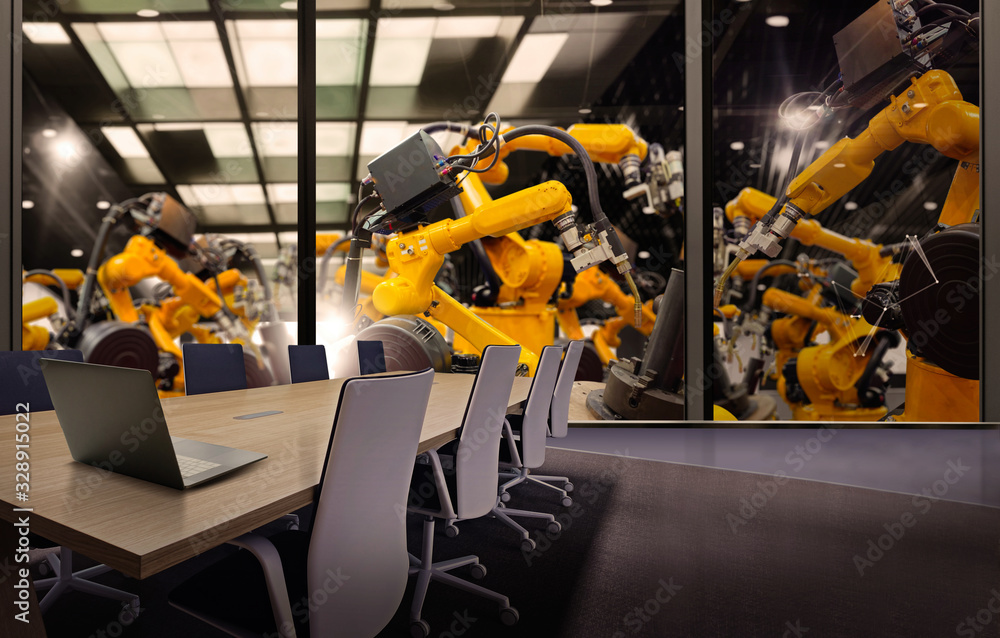 Poster Factory Industrial Engineer office with automation robot arms machine in intelligent factory industrial on real time monitoring system software.Digital future manufacture in meeting room.