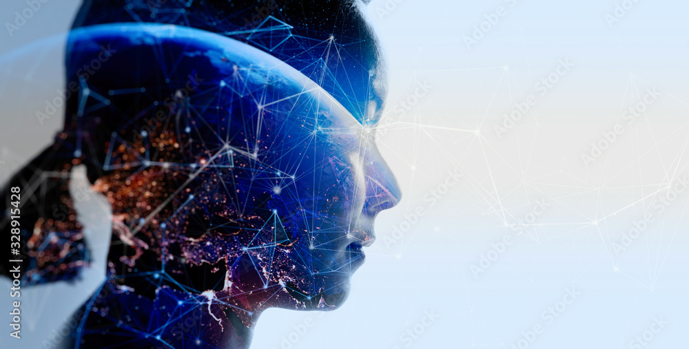 Aufkleber double exposure of business woman with the world of futuristic internet communication concept.elemen