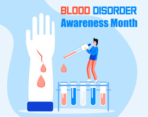 Fototapeta na wymiar Blood Disorder Awareness Month in March. Hemophilia concept vector. Tiny doctors examine the non-coagulability of blood, treat the patient. Hand with a bleeding