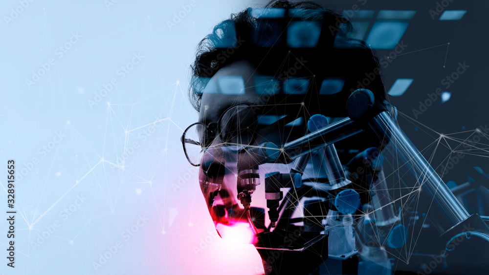 Poster Double explosure of Factory Female Industrial manager Engineer looking at automation robot arms machine in factory industrial on real time monitoring system software.