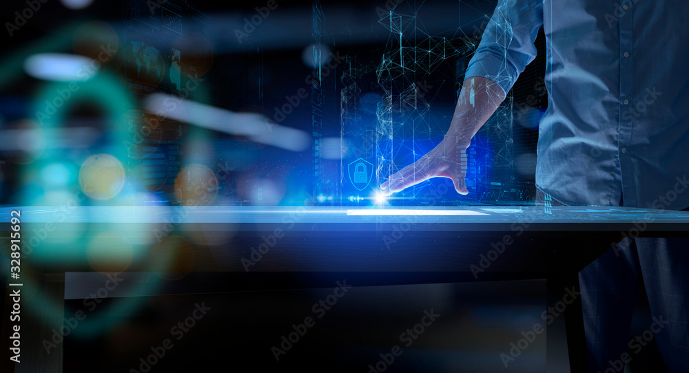 Poster Businessman sets up an electronic padlock with table computer UI and AR for protection of information systems.