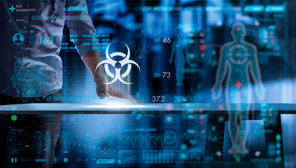 Medical science doctor working with modern computer in biohazard sign UI at lab or hospital.