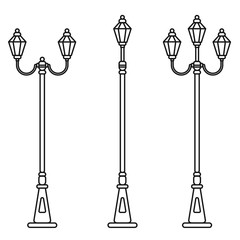 Streetlight vintage lamp icons isolated on white background. Flat thin line design.