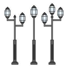 Streetlight vintage lamp icons isolated on white background.