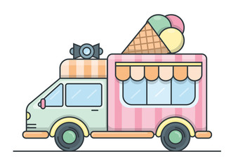 Flat vector illustration of ice cream truck with a megaphone and three balls of ice cream in a waffle cone on the roof.