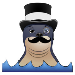 Seal animal wiith mustache, monocle and a hat on his head.