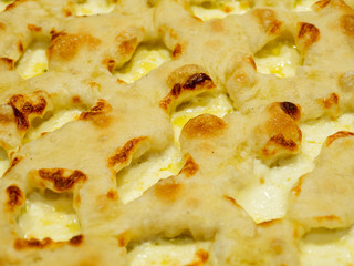 Delicious Italian pizza cooked in the wood oven with different kind of melted cheese