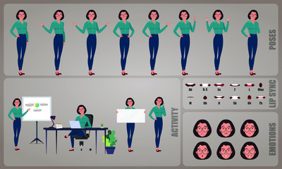 Business woman or office worker character Set. Collection of character body Poses, facial gestures, Business activities and Lip syncs poses. Ready-to-use and animate, character set. Vector.