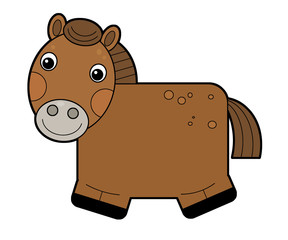 Cartoon happy farm animal cheerful horse isolated on white background with sketch illustration