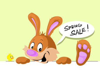 Cute Bunny Peeking Out from White Design with Spring Sale Bubble - Funny Vector Illustration
