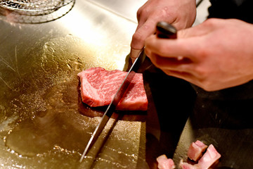 Wagyu beef steak, Chef present the luxury A5 grade kobe meat on cutting board, Premium finest...