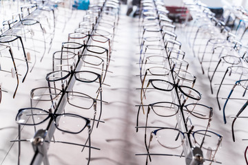 Beautiful eyeglasses in white background. Optical vision fashion style. Plastic lens. Spectacles...