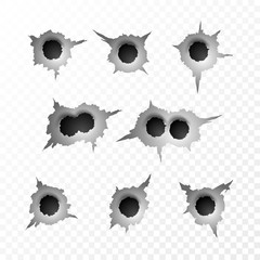 Bullet Hole. Torn surface from bullet. Ripped metal on transparent background. Vector illustration - obrazy, fototapety, plakaty