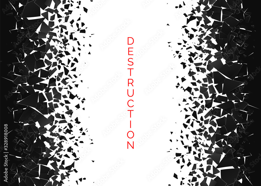 Poster shatter and destruction effect. abstract cloud of pieces and fragments after wall explosion. vector 