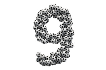 Number 9 from soccer balls, 3D rendering