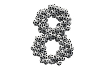 Number 8 from soccer balls, 3D rendering