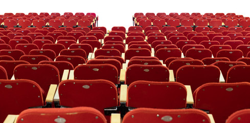 Rear view of theater red seats, isolated on white