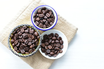 Colombian coffee beans, displayed in containers