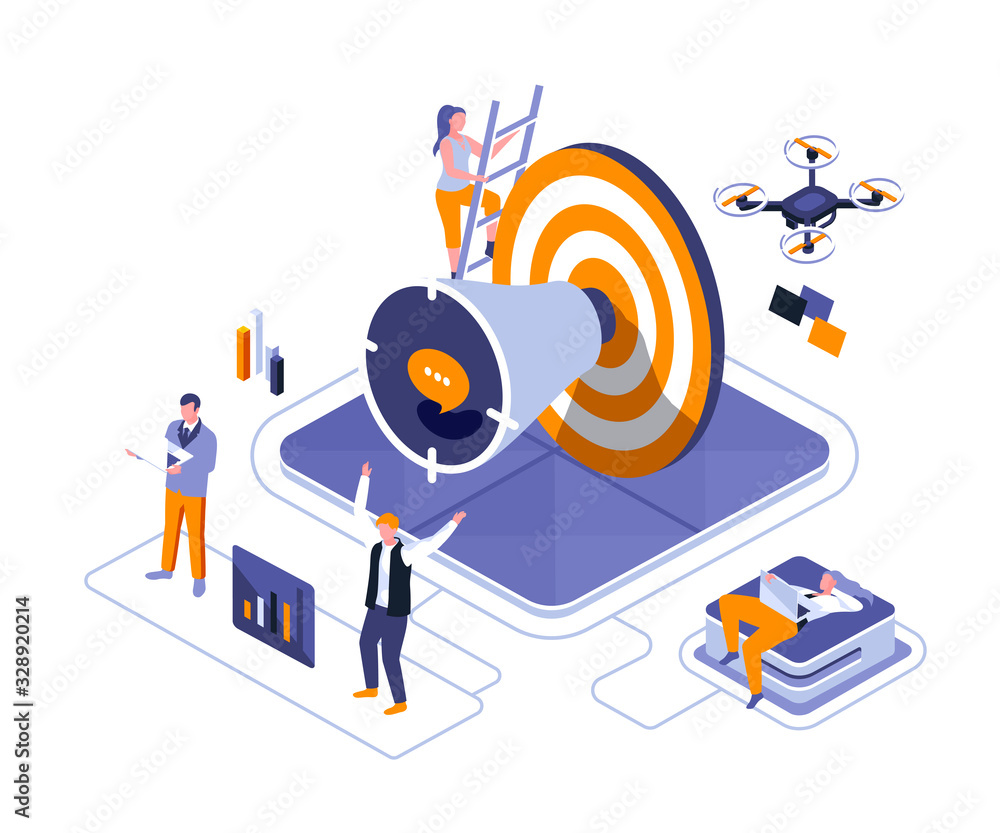 Poster business promotion isometric landing page vector template. professional marketing service website ho