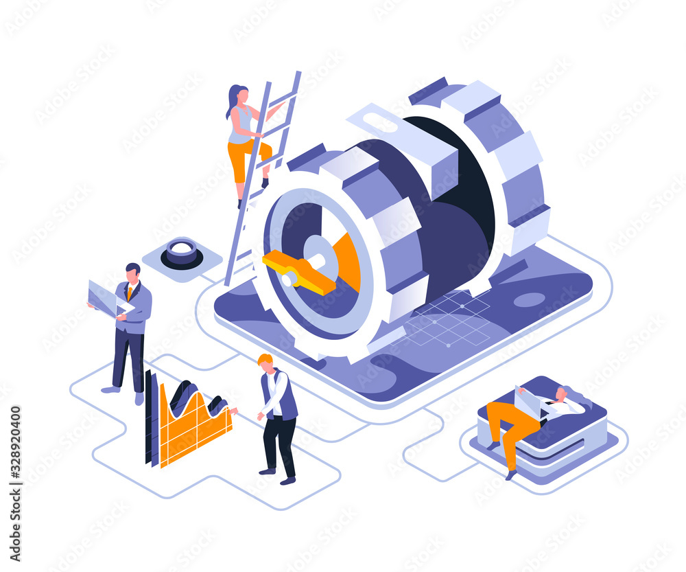 Fototapete business mechanism isometric landing page vector template. workflow management, development website 