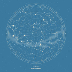 Southern hemisphere. High detailed star map of vector constellations. Astrological celestial map with symbols and signs of zodiac