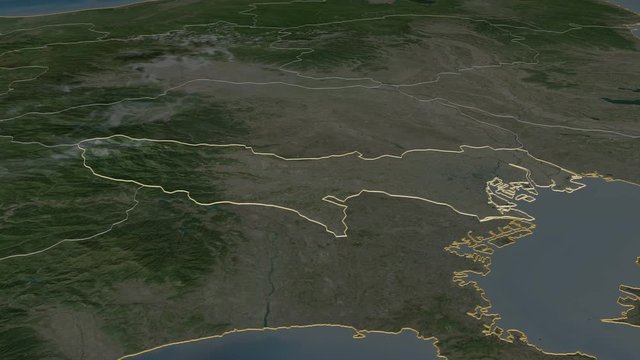 Tokyo, metropolis with its capital, zoomed and extruded on the satellite map of Japan in the conformal Stereographic projection. Animation 3D