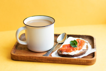 Breakfast with a cup of tea or coffee with sandwiches. Happy start to the day. Morning enjoyment, harmony and pleasure. Meal break