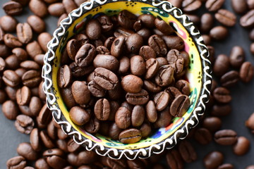 Colombian coffee beans, displayed in containers