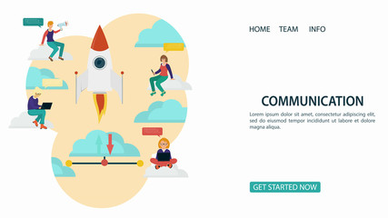 small women and men sitting on clouds chatting rocket transfer rate For Website Or Mobile Apps Artificial Intelligence Concept Flat Vector Illustration