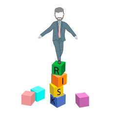 balancing man stands on RISK cubes. business risk concept. vector illustration.