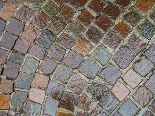 A wet sidewalk creates a brilliant backdrop. Paving stones are laid out in a semicircle. Beautiful stone background.