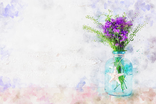 watercolor style illustration of purple field flowers over white background