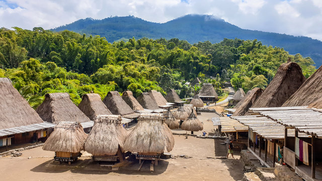 Inside view on the traditional Bena village in Bajawa, Flores, Indonesia. There are many small houses around, made of natural parts like wood and straw. History and tradition. Big volcano in the back