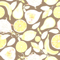 Seamless watercolor pattern of silhouettes of exotic tropical fruits on a brown background.