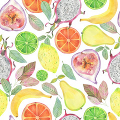 Seamless watercolor pattern of exotic tropical fruits on a white background.