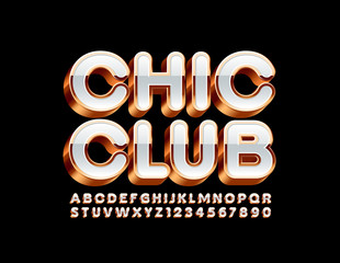 Vector premium logo Chic Club. White and Golden 3D Font. Stylish Alphabet Letters and Numbers.