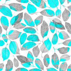 Seamless watercolor pattern of gray leaves on a white background.