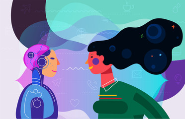 Concept banner with woman using his voice to command to the robot. Robotic voice assistant concept. Trendy bright linear illustration. At home and work, everywhere