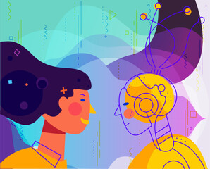 Concept banner with woman using his voice to command to the robot. Robotic voice assistant concept. Trendy bright linear illustration. At home and work, everywhere
