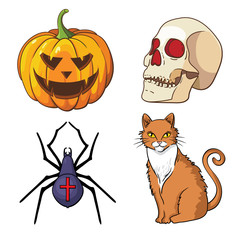 Halloween icons set: pumpkin, skull, spider, red cat.